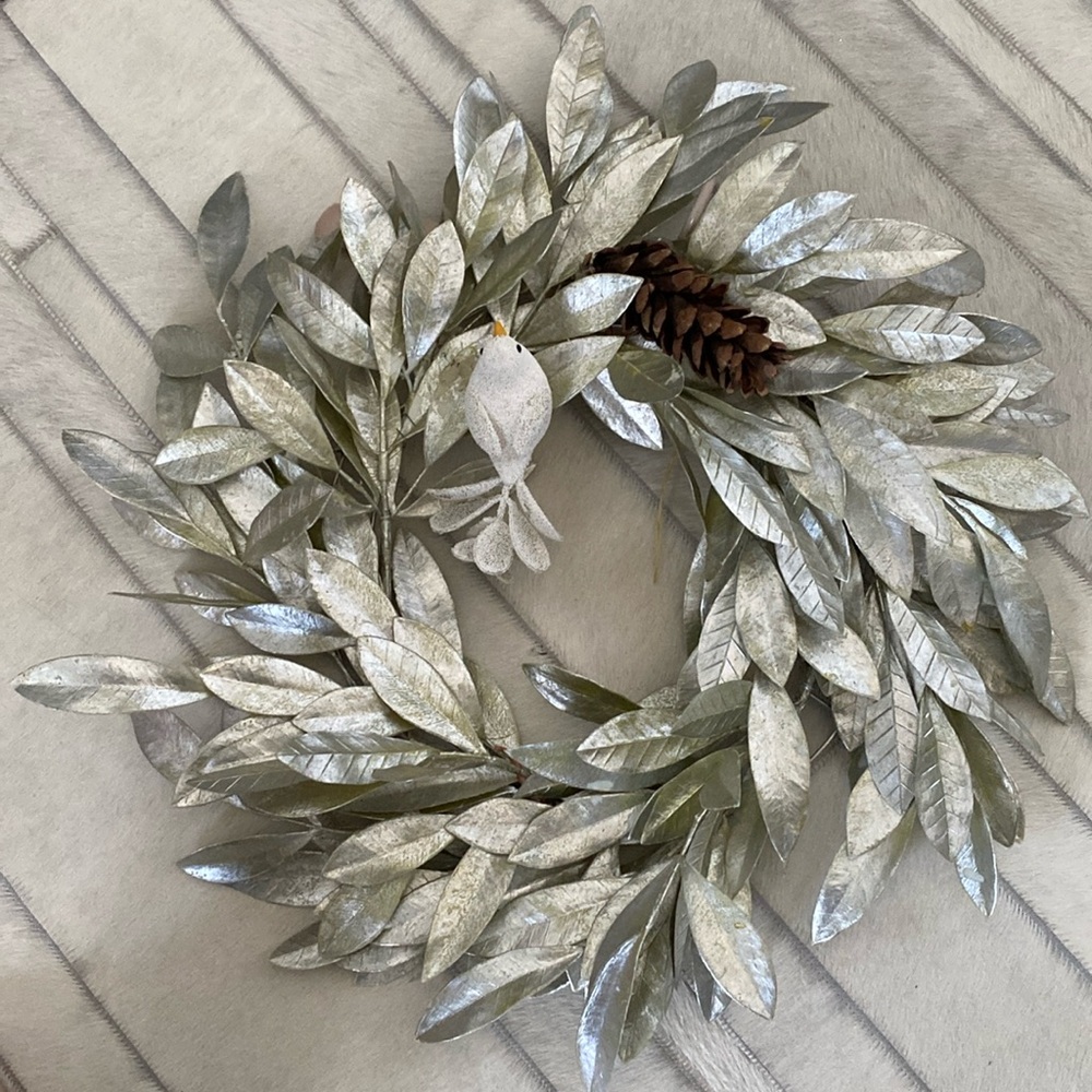 Handmade holiday, Christmas, winter wreath, bird, pine cone light green, silver!